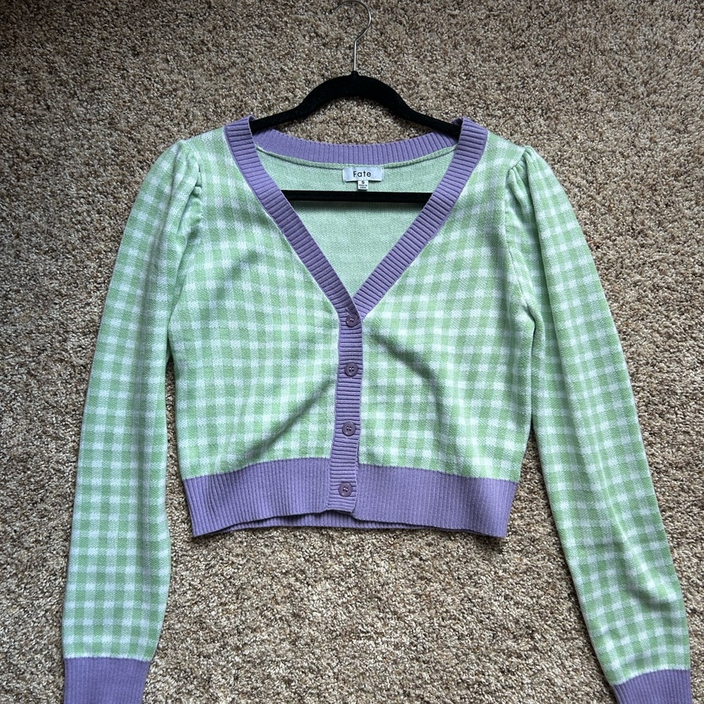 Fate Women's Green and Purple Gingham Cardigan